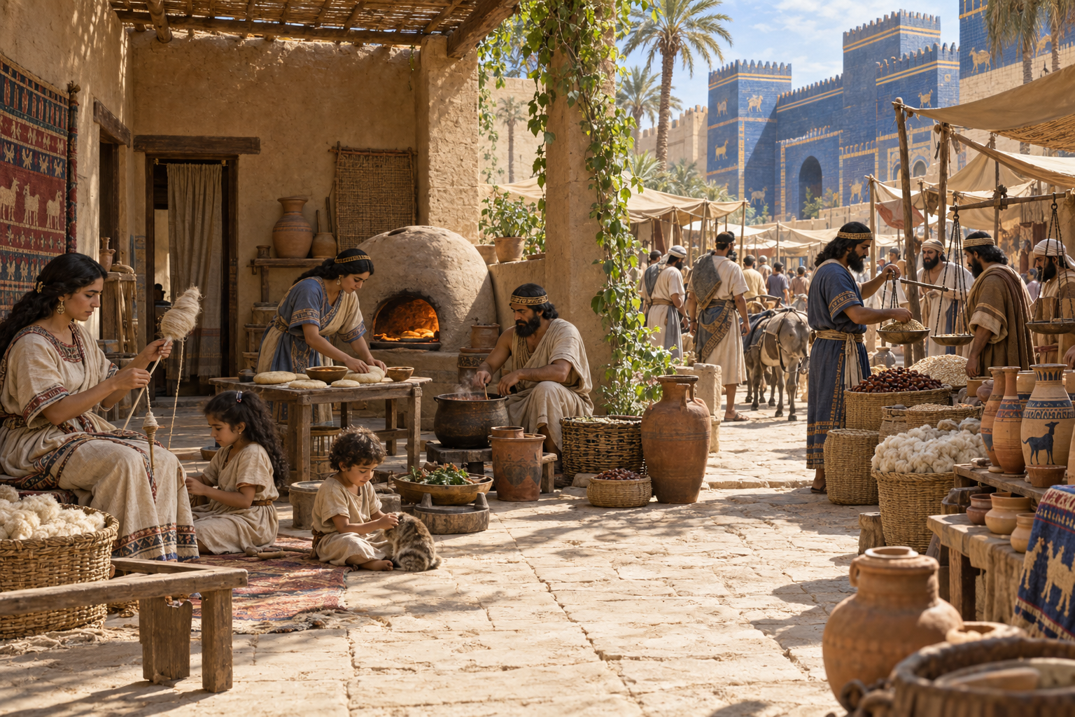 Illustrated reconstruction of a Neo-Babylonian courtyard household beside a market with weaving, cooking, pottery, and balance scales