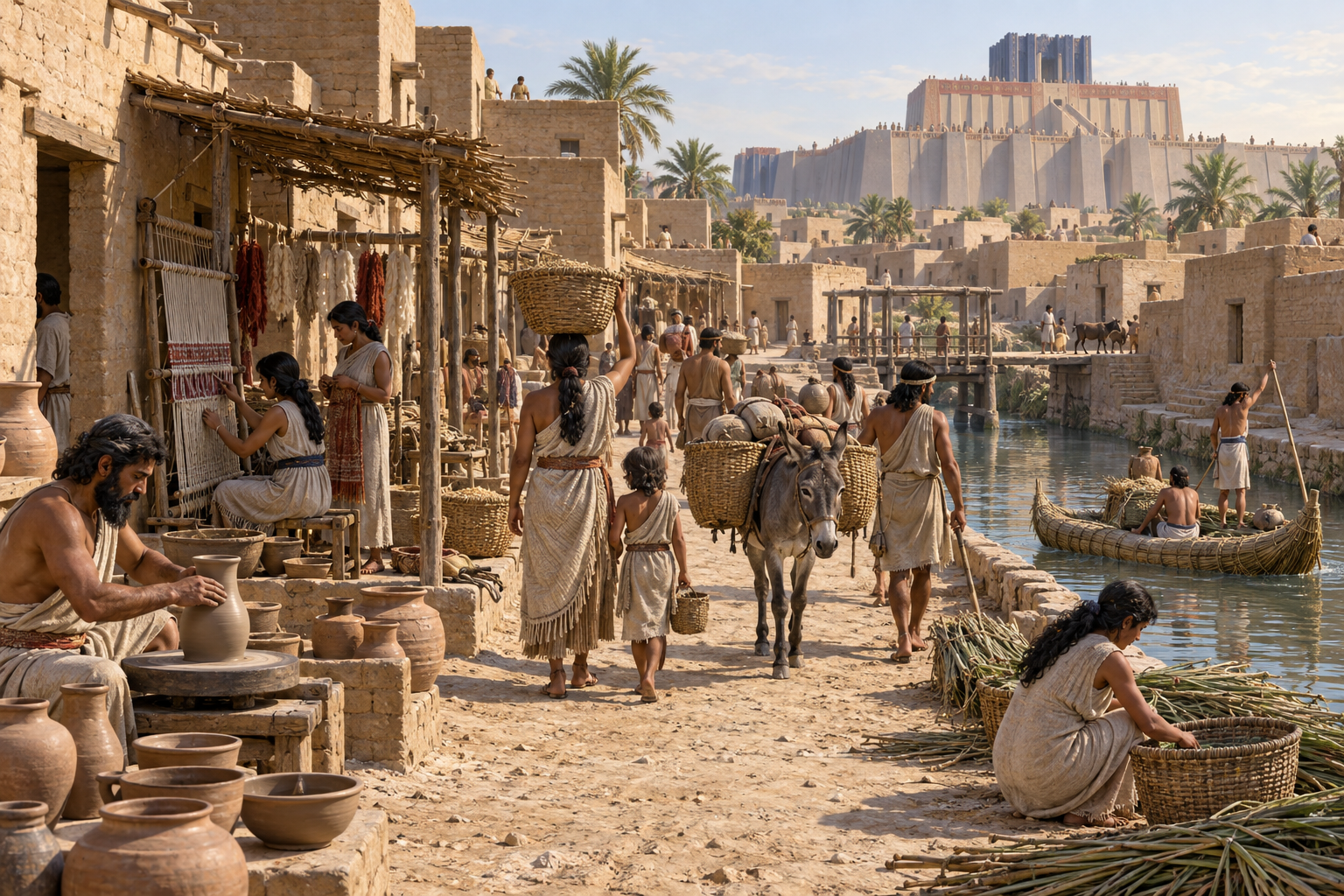 Illustrated reconstruction of an Uruk canal neighborhood with mud-brick homes, craftspeople, a donkey, and reed boat